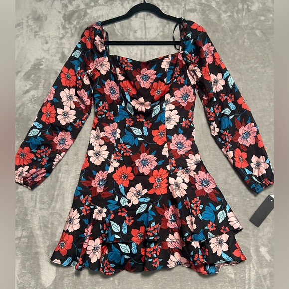 City Studio Mini Ruffle Long Sleeve Dress Juniors 9 Floral Blue Red Black - Picture 1 of 8